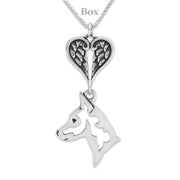Miniature Pinscher Sympathy Gift Necklace with Heart Shaped Angel Wing Pendant in Sterling Silver on Box Chain.