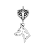 Miniature PInscher Sympathy Gift Pendant with Heart Shaped Angel Wing Pendant in Sterling Silver.