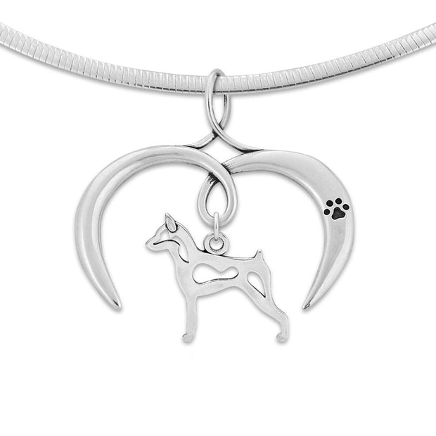 Miniature Pinscher Necklace with Open Heart Charm Holder with Paw Print in Sterling Silver on Omega Chain.