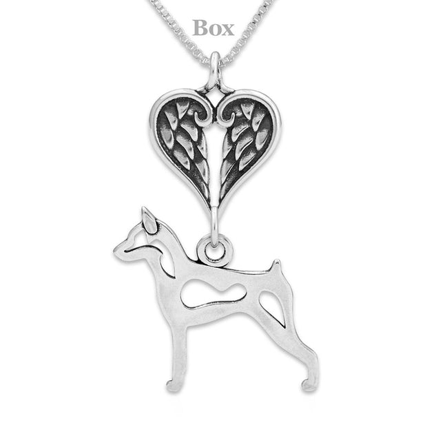 Miniature Pinscher Sympathy Gift Necklace with Heart Shaped Angel Wing Pendant in Sterling Silver on Box Chain.