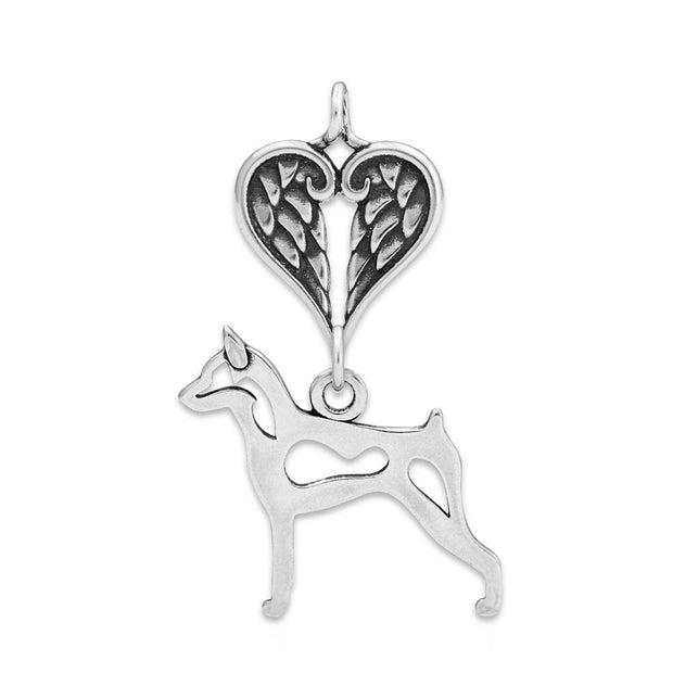Miniature Pinscher Sympathy Gift Pendant with Heart Shaped Angel Wing Pendant in Sterling Silver.