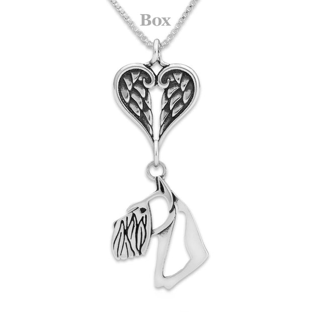 Schnauzer Sympathy Gift Necklace with Heart Shaped Angel Wing Pendant in Sterling Silver on Box Chain.