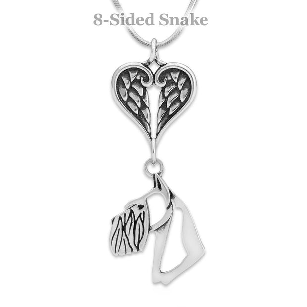 Schnauzer Sympathy Gift Necklace with Heart Shaped Angel Wing Pendant in Sterling Silver on Snake Chain.