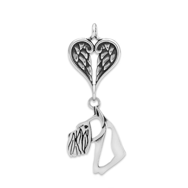 Schnauzer Sympathy Gift Pendant with Heart Shaped Angel Wing Pendant in Sterling Silver.