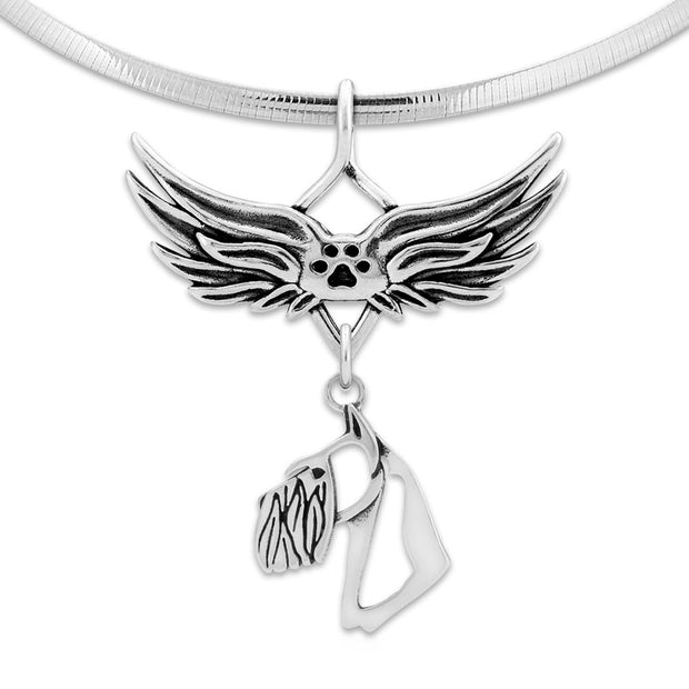 Schnauzer Pet Loss Necklace with Angel Wing Charm Holder with Paw Print in Sterling Silver on Omega Chain.