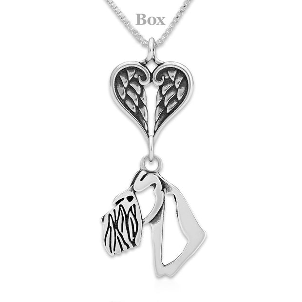Schnauzer Sympathy Gift Necklace with Heart Shaped Angel Wing Pendant in Sterling Silver on Box Chain.