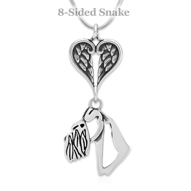 Schnauzer Sympathy Gift Necklace with Heart Shaped Angel Wing Pendant in Sterling Silver on Snake Chain.