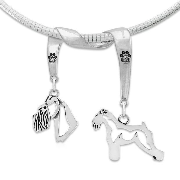 Schnauzer Necklace Head and Body Designs on Paw Print Charm Holder in Sterling Silver on Omega Chain.
