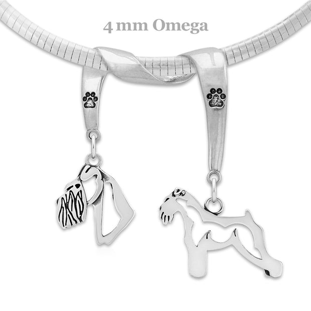 Schnauzer Necklace Head and Body Designs on Paw Print Charm Holder in Sterling Silver on Omega Chain.