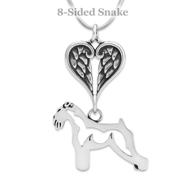 Schnauzer Sympathy Gift Necklace with Heart Shaped Angel Wing Pendant in Sterling Silver on Snake Chain.