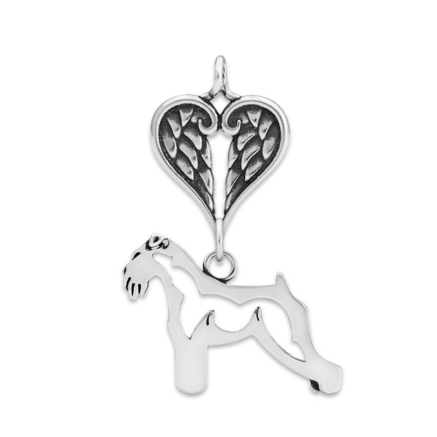 Schnauzer Sympathy Gift Pendant with Heart Shaped Angel Wing Pendant in Sterling Silver.