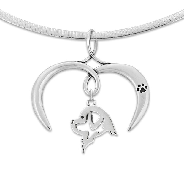 Newfoundland Necklace with Open Heart Charm Holder with Paw Print in Sterling Silver on Omega Chain.