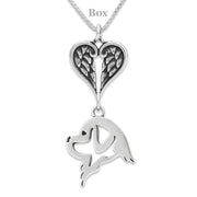 Newfoundland Sympathy Gift Necklace with Heart Shaped Angel Wing Pendant in Sterling Silver on Box Chain.