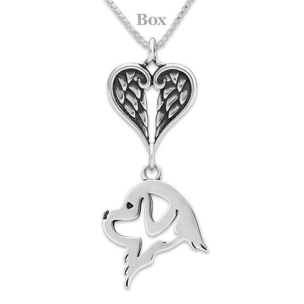 Newfoundland Sympathy Gift Necklace with Heart Shaped Angel Wing Pendant in Sterling Silver on Box Chain.