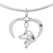 Nova Scotia Duck Tolling Retriever Necklace with Open Heart Charm Holder with Paw Print in Sterling Silver on Omega Chain.