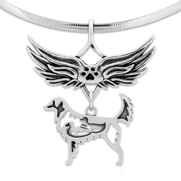 Nova Scotia Duck Tolling Retriever Pet Loss Necklace with Angel Wing Charm Holder with Paw Print in Sterling Silver on Omega Chain.