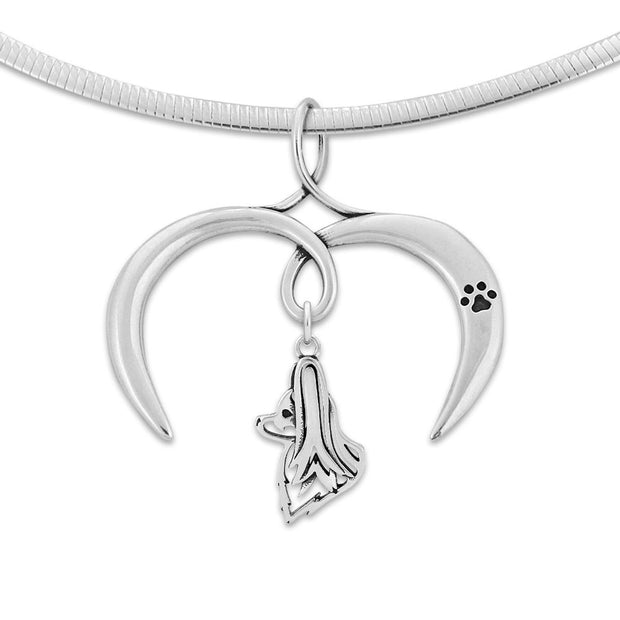 Papillon Necklace with Open Heart Charm Holder with Paw Print in Sterling Silver on Omega Chain.
