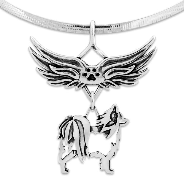 Papillon Pet Loss Necklace with Angel Wing Charm Holder with Paw Print in Sterling Silver on Omega Chain.
