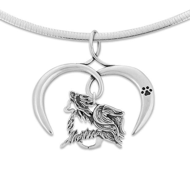 Papillon Necklace with Open Heart Charm Holder with Paw Print in Sterling Silver on Omega Chain.