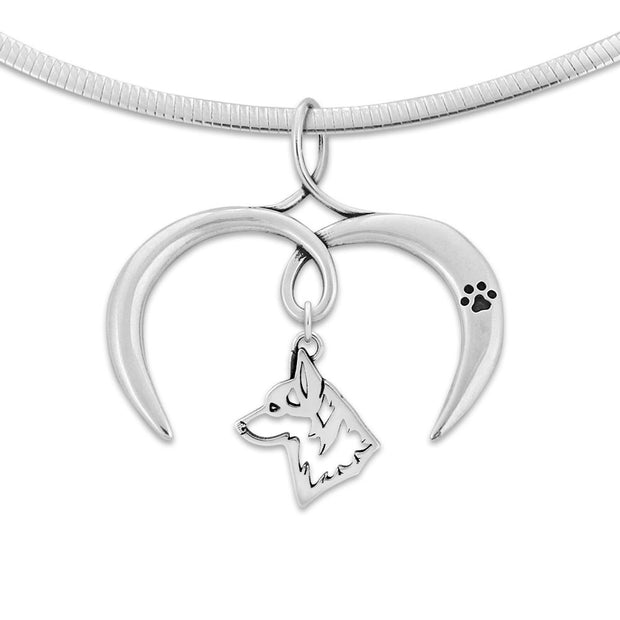Pembroke Welsh Corgi Necklace with Open Heart Charm Holder with Paw Print in Sterling Silver on Omega Chain.