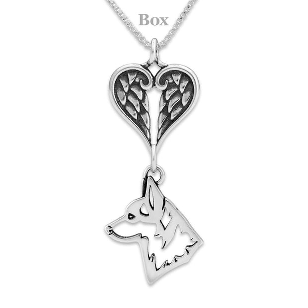 Pembroke Corgi Sympathy Gift Necklace with Heart Shaped Angel Wing Pendant in Sterling Silver on Box Chain.
