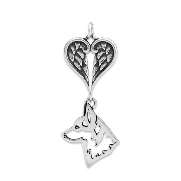 Pembroke Welsh Corgi Sympathy Gift Pendant with Heart Shaped Angel Wing Pendant in Sterling Silver.