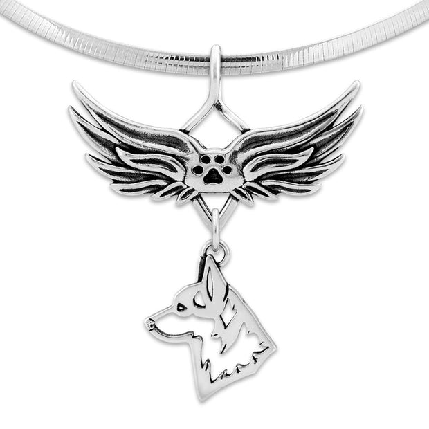 Pembroke Welsh Corgi Pet Loss Necklace with Angel Wing Charm Holder with Paw Print in Sterling Silver on Omega Chain.