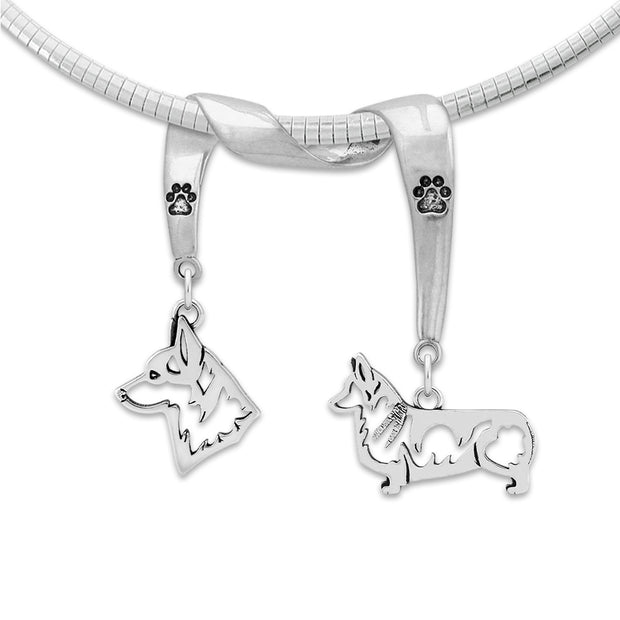 Pembroke Welsh Corgi Necklace Head and Body Designs on Paw Print Charm Holder in Sterling Silver on Omega Chain.