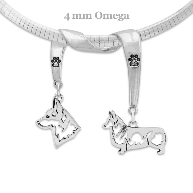 Pembroke Welsh Corgi Necklace Head and Body Designs on Paw Print Charm Holder in Sterling Silver on Omega Chain.