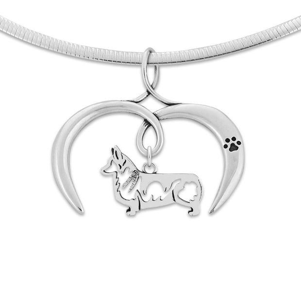 Pembroke Corgi Necklace with Open Heart Charm Holder with Paw Print in Sterling Silver on Omega Chain.