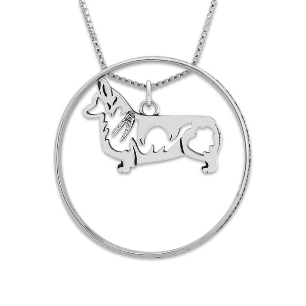 Sterling Silver Pembroke Welsh Corgi Necklace w/Paw Print Enhancer, Body