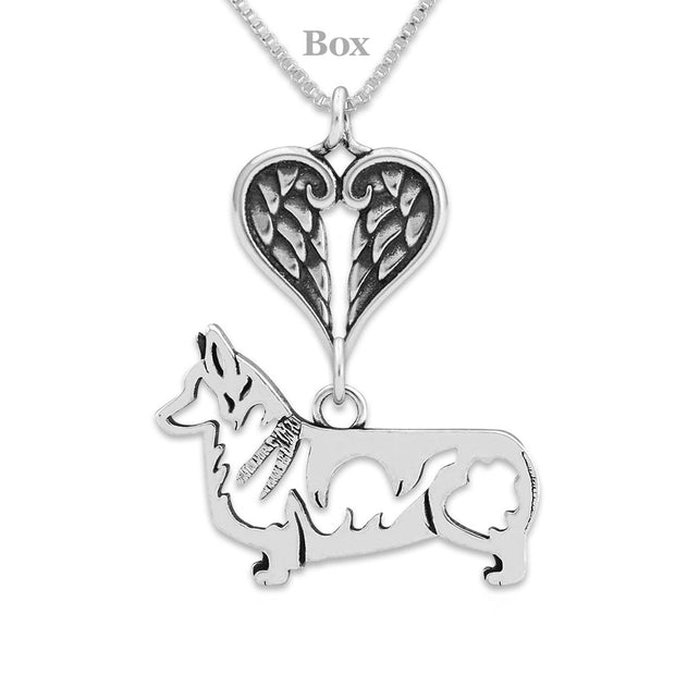 Pembroke Corgi Sympathy Gift Necklace with Heart Shaped Angel Wing Pendant in Sterling Silver on Box Chain.