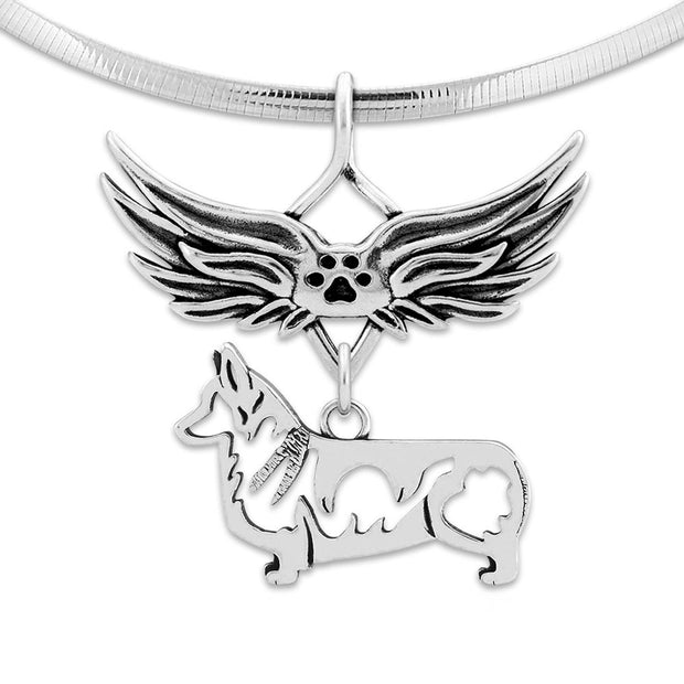 Pembroke Welsh Corgi Pet Loss Necklace with Angel Wing Charm Holder with Paw Print in Sterling Silver on Omega Chain.