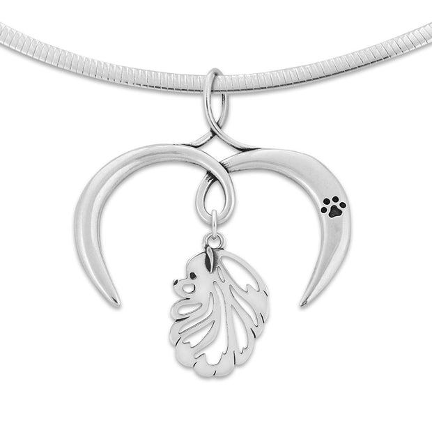 Pomeranian Necklace with Open Heart Charm Holder with Paw Print in Sterling Silver on Omega Chain.