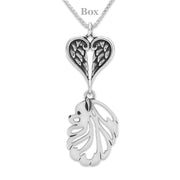 Pomeranian Sympathy Gift Necklace with Heart Shaped Angel Wing Pendant in Sterling Silver on Box Chain.