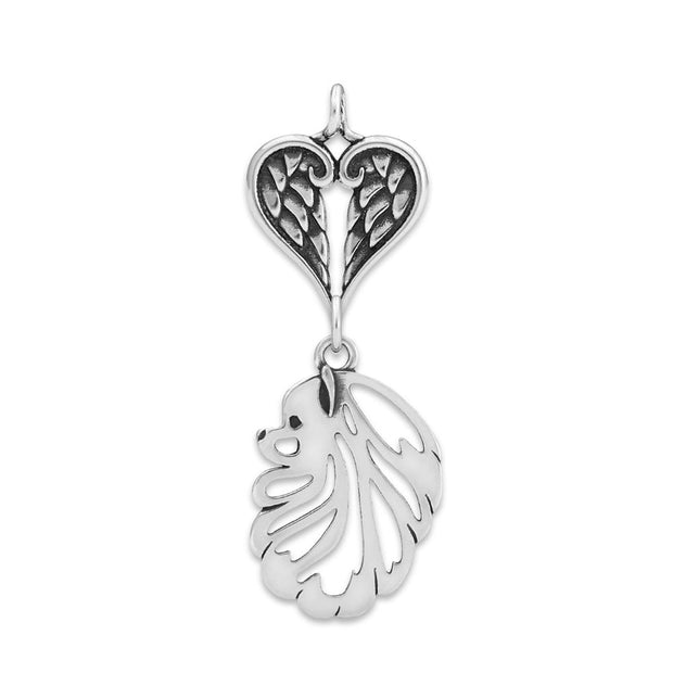 Pomeranian Sympathy Gift Pendant with Heart Shaped Angel Wing Pendant in Sterling Silver.