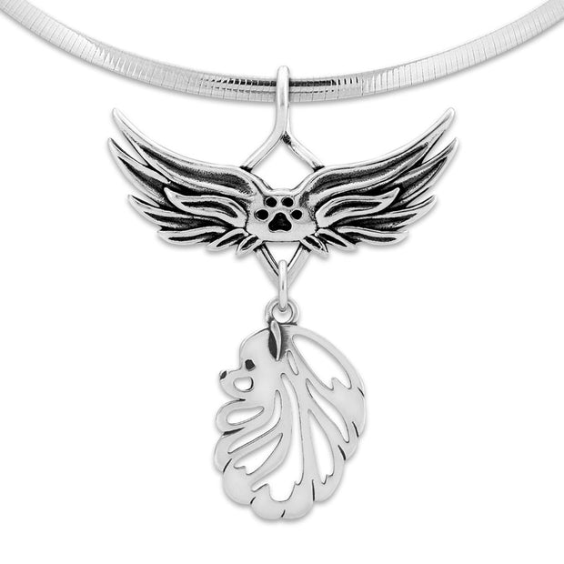 Pomeranian Pet Loss Necklace with Angel Wing Charm Holder with Paw Print in Sterling Silver on Omega Chain.