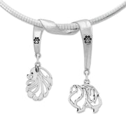 Pomeranian Necklace Head and Body Designs on Paw Print Charm Holder in Sterling Silver on Omega Chain.