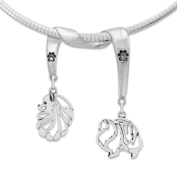Pomeranian Necklace Head and Body Designs on Paw Print Charm Holder in Sterling Silver on Omega Chain.