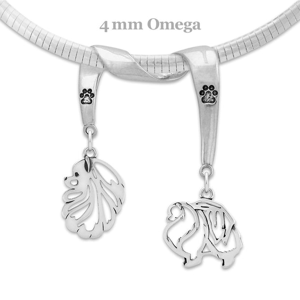 Pomeranian Necklace Head and Body Designs on Paw Print Charm Holder in Sterling Silver on Omega Chain.