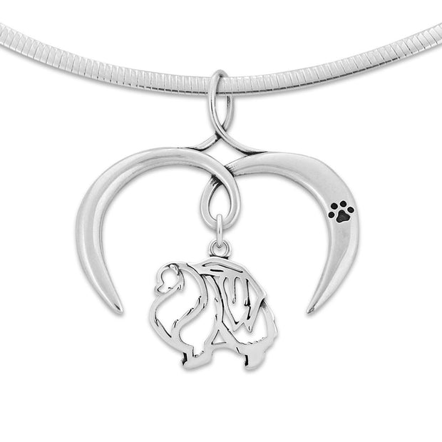 Pomeranian Necklace with Open Heart Charm Holder with Paw Print in Sterling Silver on Omega Chain.