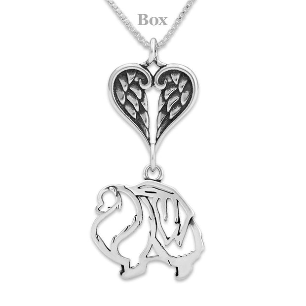 Pomeranian Sympathy Gift Necklace with Heart Shaped Angel Wing Pendant in Sterling Silver on Box Chain.