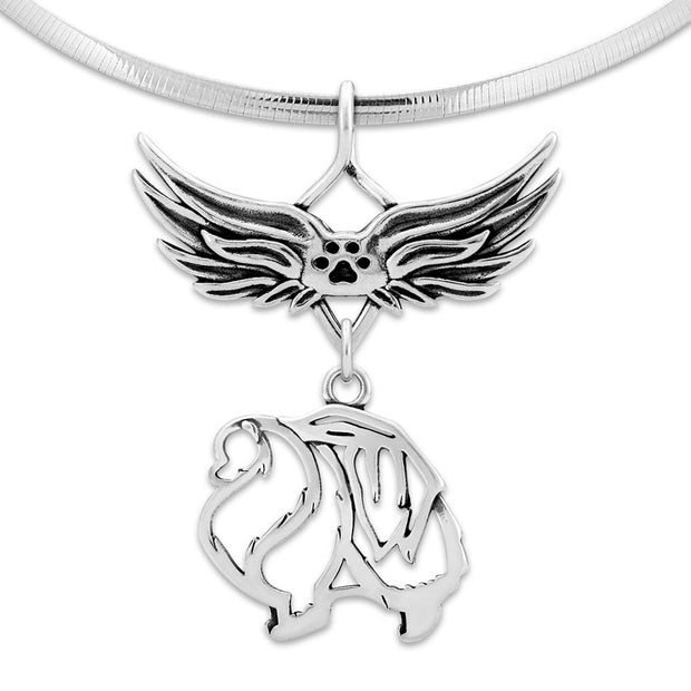 Pomeranian Pet Loss Necklace with Angel Wing Charm Holder with Paw Print in Sterling Silver on Omega Chain.