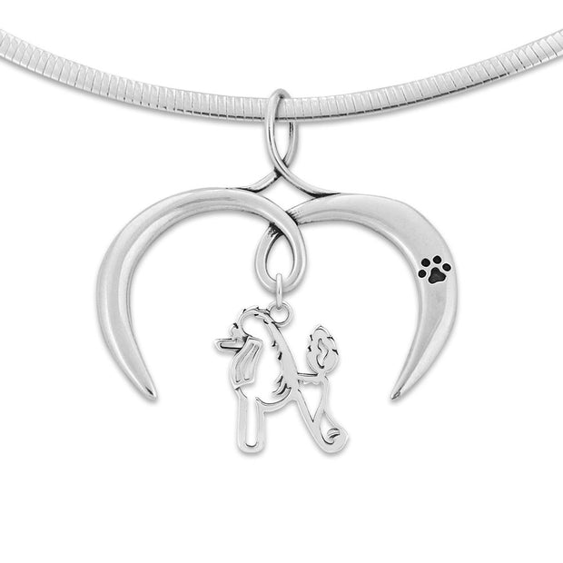 Poodle Necklace with Open Heart Charm Holder with Paw Print in Sterling Silver on Omega Chain.