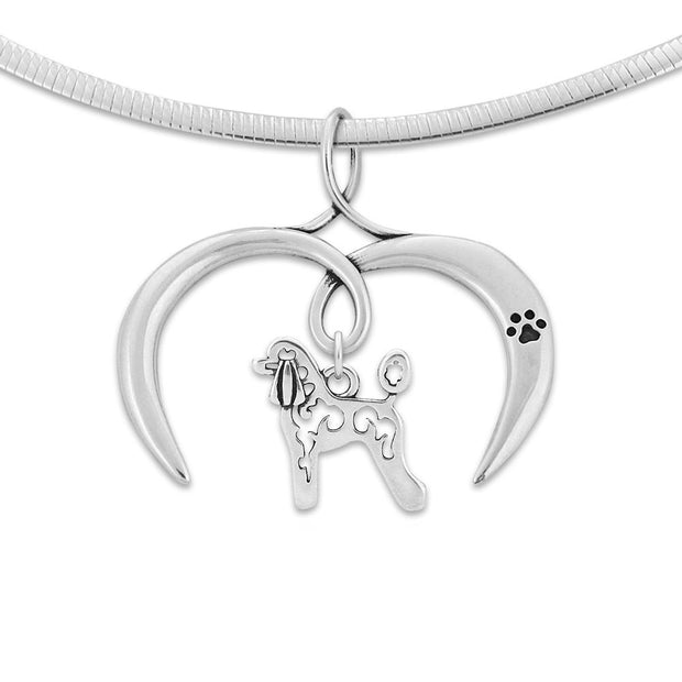 Poodle Necklace with Open Heart Charm Holder with Paw Print in Sterling Silver on Omega Chain.