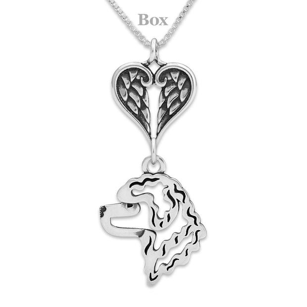 Portuguese Water Dog Sympathy Gift Necklace with Heart Shaped Angel Wing Pendant in Sterling Silver on Box Chain.