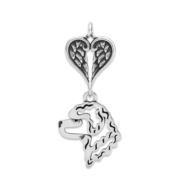 Portuguese Water Dog Sympathy Gift Pendant with Heart Shaped Angel Wing Pendant in Sterling Silver.