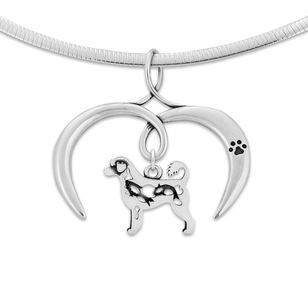 Portuguese Water Dog Necklace with Open Heart Charm Holder with Paw Print in Sterling Silver on Omega Chain.