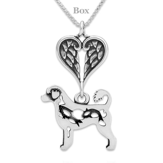 Portuguese Water Dog Sympathy Gift Necklace with Heart Shaped Angel Wing Pendant in Sterling Silver on Box Chain.