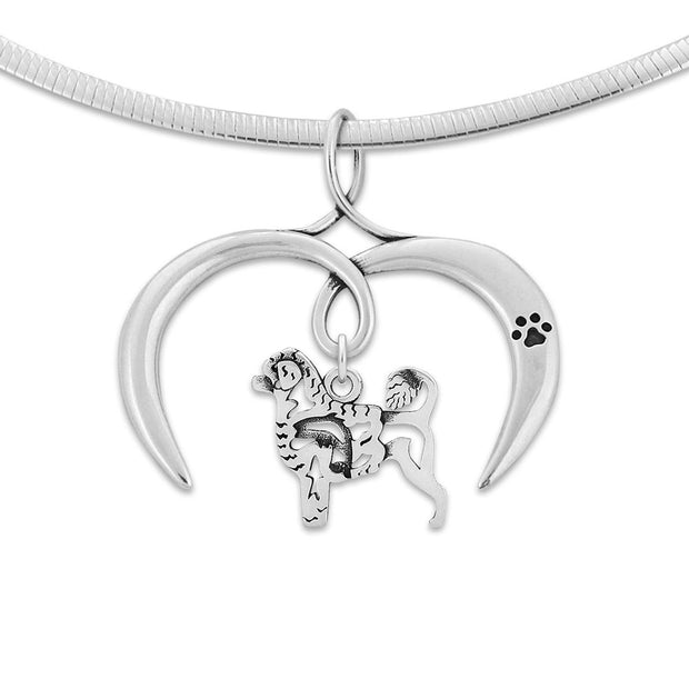 Portuguese Water Dog Necklace with Open Heart Charm Holder with Paw Print in Sterling Silver on Omega Chain.